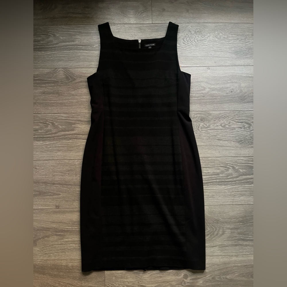 Eileen Fisher Black Gray Striped Sleeveless Fitted Knee Length Dress Size 10